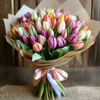 Букет 45 разноцветных тюльпанов